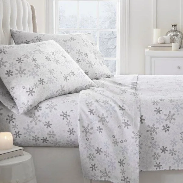 Soft Essentials Premium Snow Pattern 4 Piece Flannel Bed Sheet Set