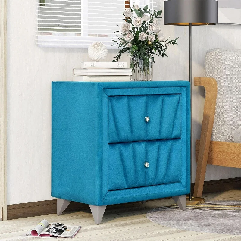 Stylish Upholstered Wooden Nightstand with Two Drawers ,Bedside Table with Velvet Fabric and Glass Worktop