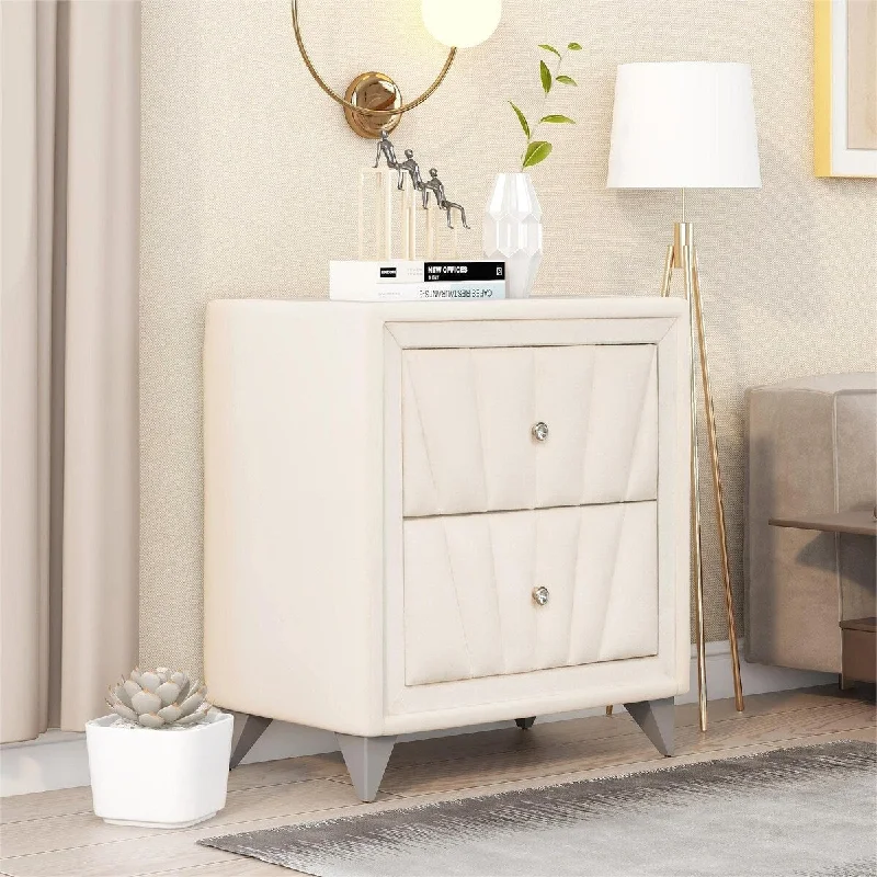 Stylish Upholstered Wooden Nightstand with Two Drawers ,Bedside Table with Velvet Fabric and Glass Worktop