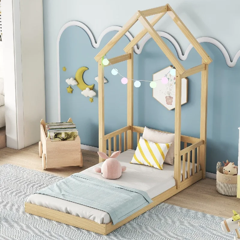 Toddler Floor Bed Twin House Bed No Slat Floor Bed Concise Design Kids Toddler Bed with House Roof Frame and Safety Guardrail