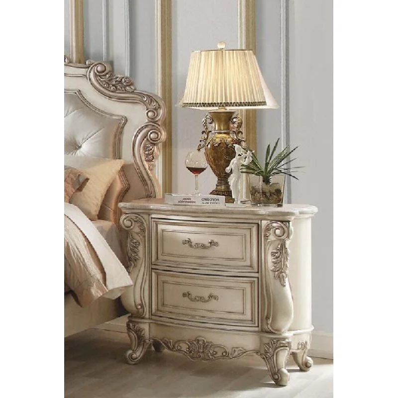 Traditional Carved Finish Bedside Table With Marble Top * 1, Storage Cabinet With 2 Drawers & Textured Wooden Feet