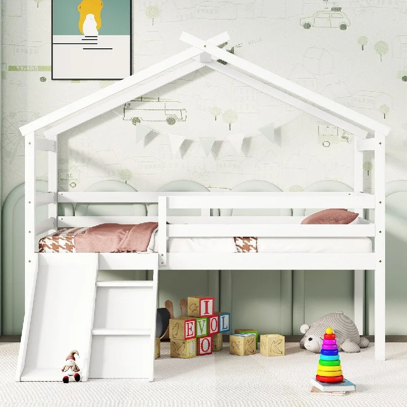 Twin Bed Frame House Shaped Roof and Low Loft Kids Bed Safety Kids White Pine Slats Bed Frame for Kids Toddler Bedroom