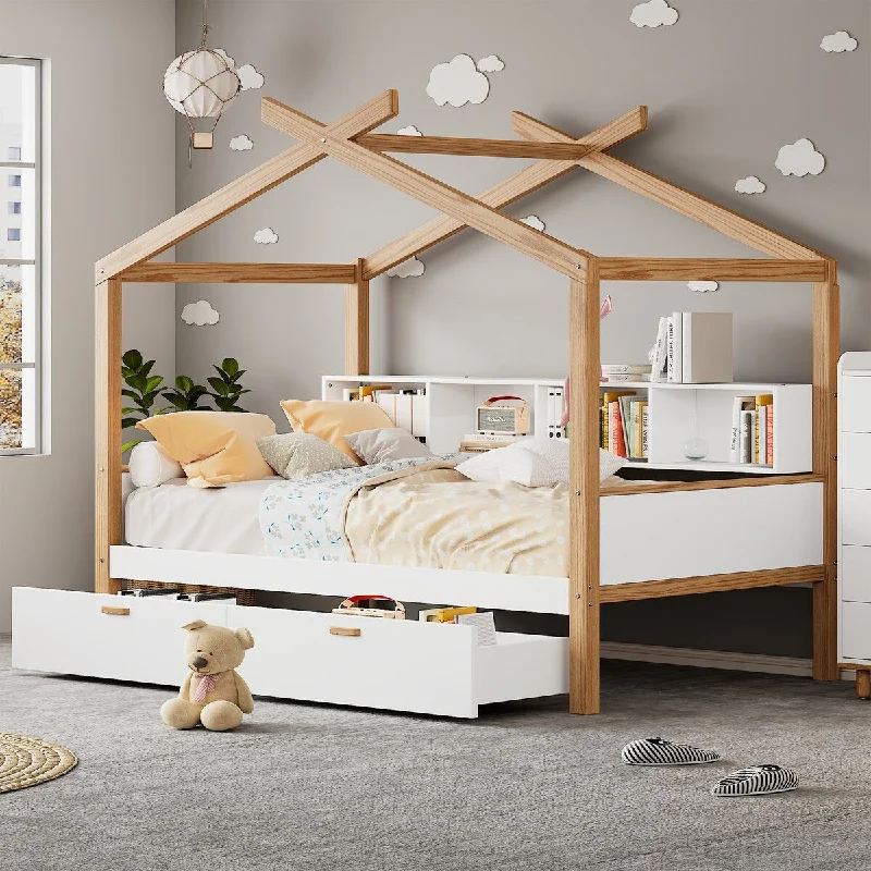 Twin/Full Wooden House Bed with Drawers and Bookshelf - Perfect for Kids or Guest Rooms