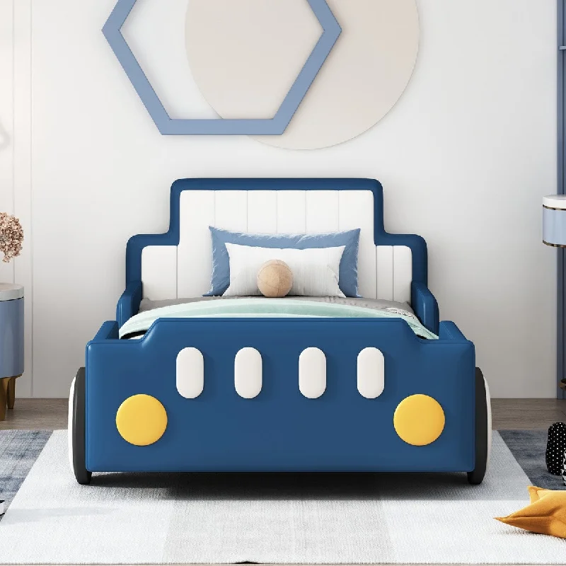 Twin Size Creativity Kids Bed Cartoon Car Design Platform Bed with Wood Slats Support PU Leather Upholstered Bed for Boys Girls