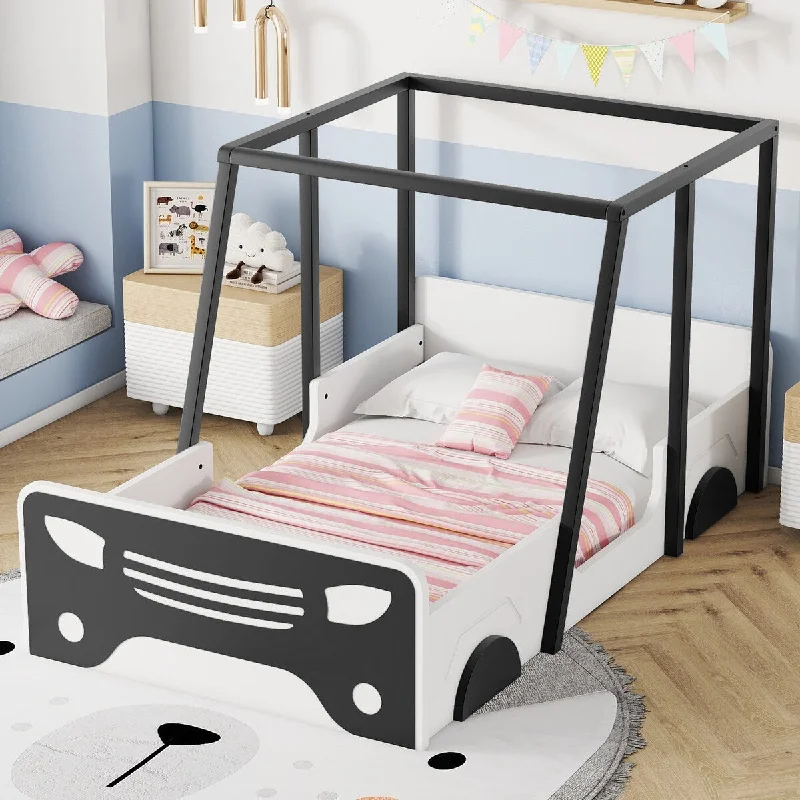 Twin Size Floor Bed Kids Car-shaped Bed Black Frame with Exquisite Car Outline, NO Slats Floor Bed Wood Structure Bedframe