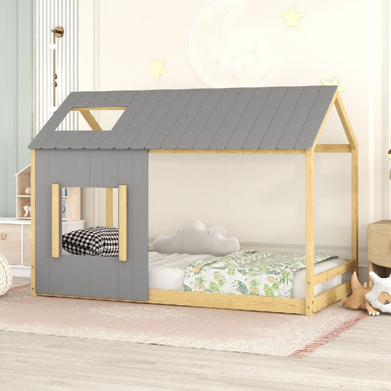 Twin Size House Bed with Roof & Window - Gray & Natural