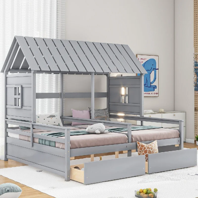 Twin Size House Platform Bed with 2 Drawers - Gray, Ideal for Boy & Girl Shared Bedrooms