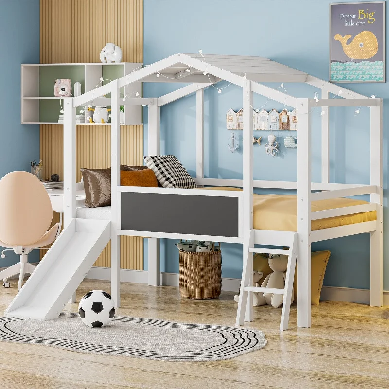 Twin Size Loft Bed with Ladder, Slide & Blackboard Roof - White