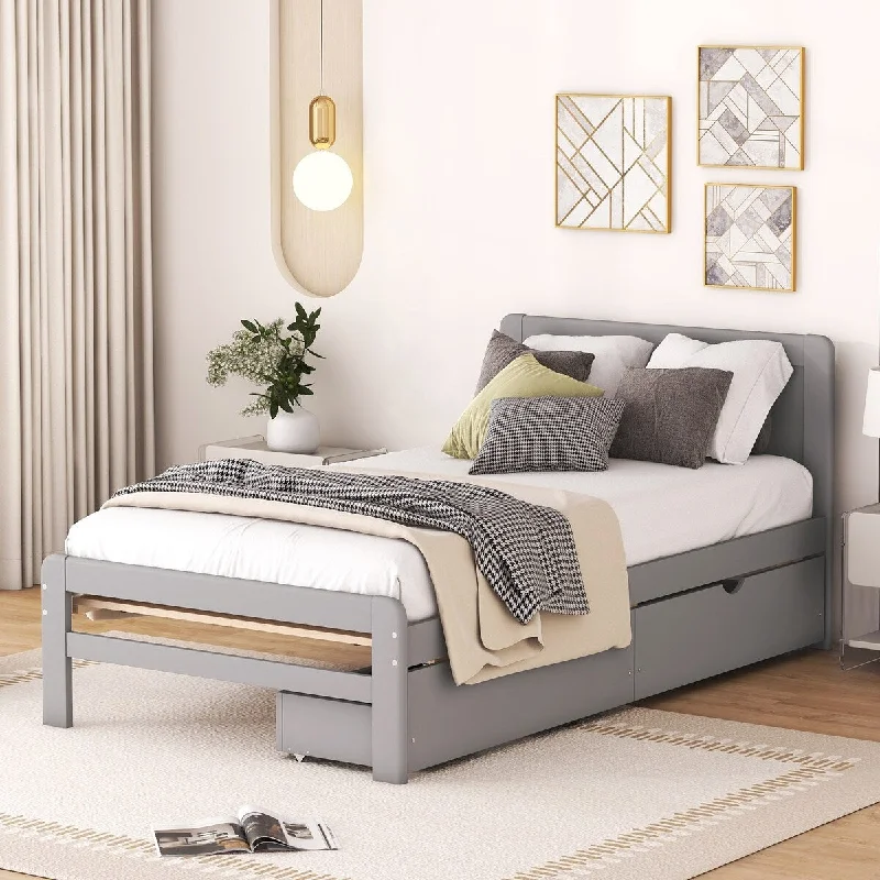 Twin Size Platform Bed with 2 Drawers, Concise Kids Bed, Grey