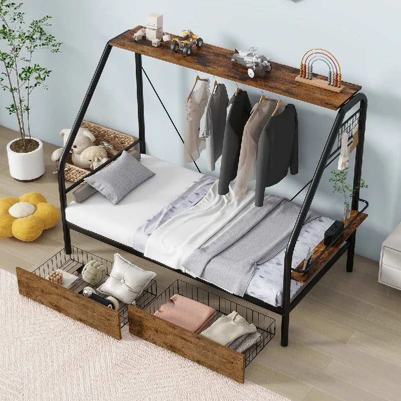 Twin Size Platform Daybed Frame, Drawers with Wheel, Metal Bed Frame