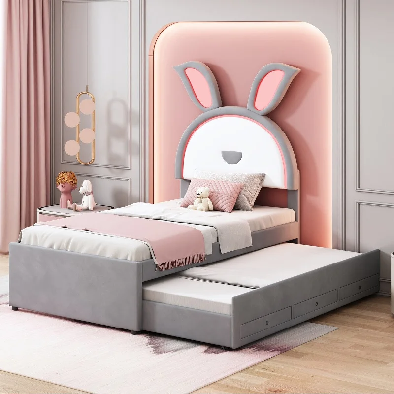 Twin Size Rabbit-Shaped Bed Frame Velvet & PU leather Upholstered Bed Platform Bed with Retractable Trundle and 3 Drawers