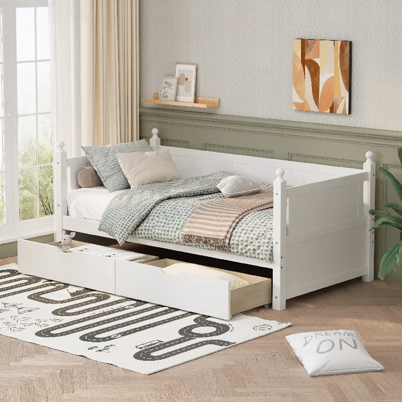 Twin Size White Solid Wood Daybed with Two Drawers