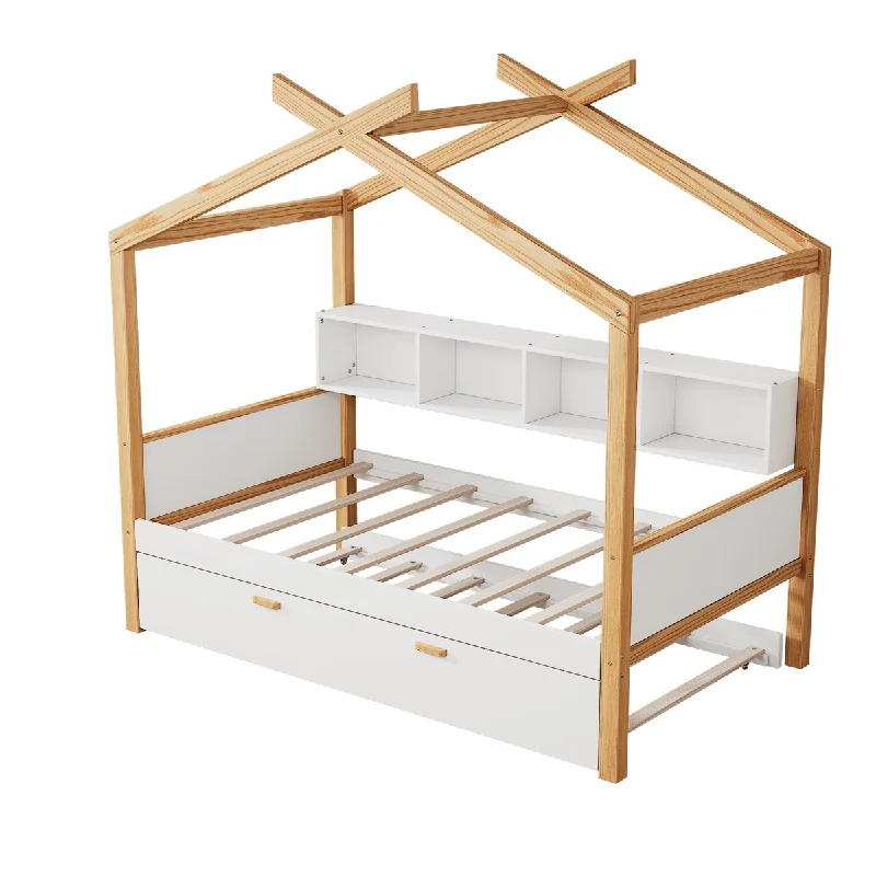 Twin Wooden House Bed with Trundle and Bookshelf - Ideal for Children's Rooms