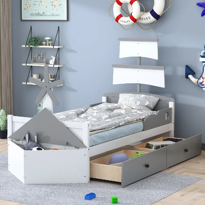 Unique Boat-Shaped Platform Bed Kids Bed Frame with Sail and Rudder, Full of Imagination Kids Platform Storage Bed - Grey