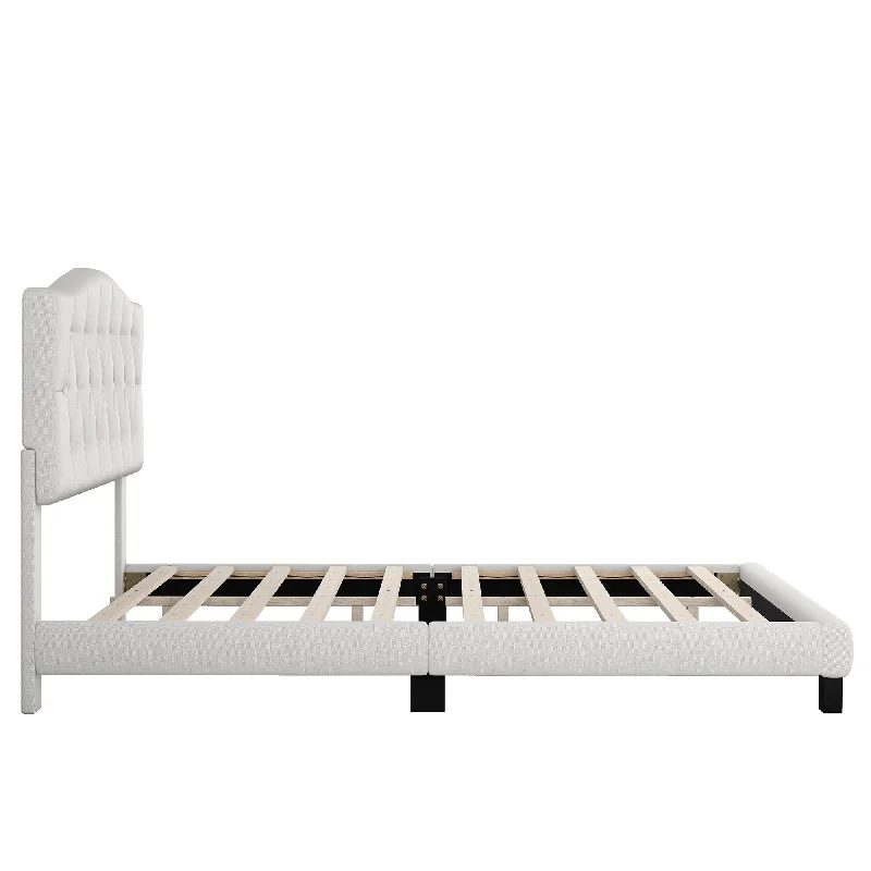 Upholstered Curved Tufted Linen Platform Bed Frame, King