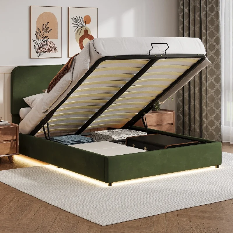 Upholstered Full Size Hydraulic Storage Bed with RGB LED Light - Green Velvet Finish