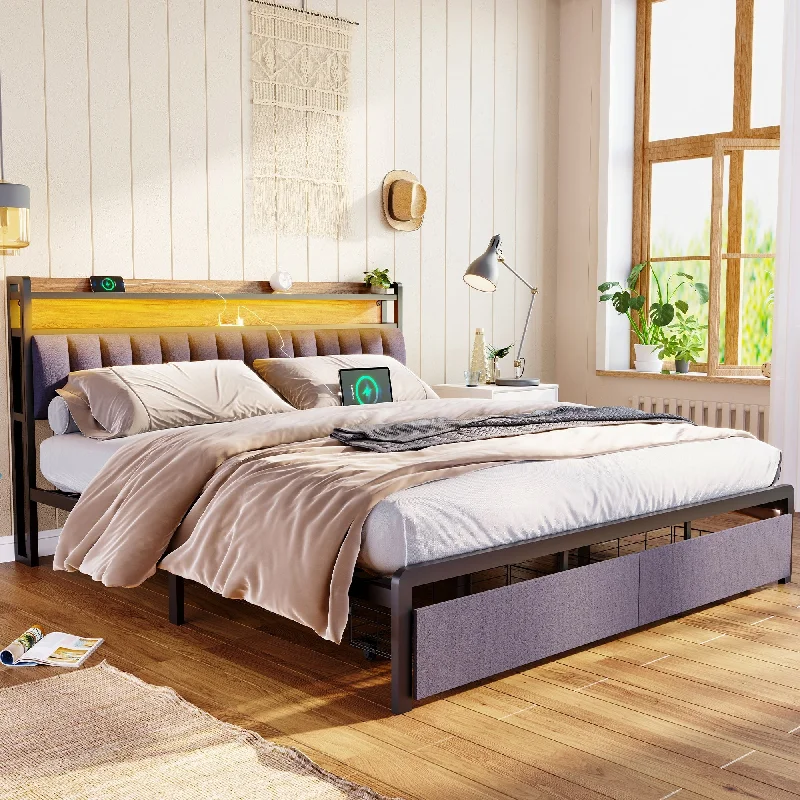 Upholstered Metal LED Platform Bed with Drawers