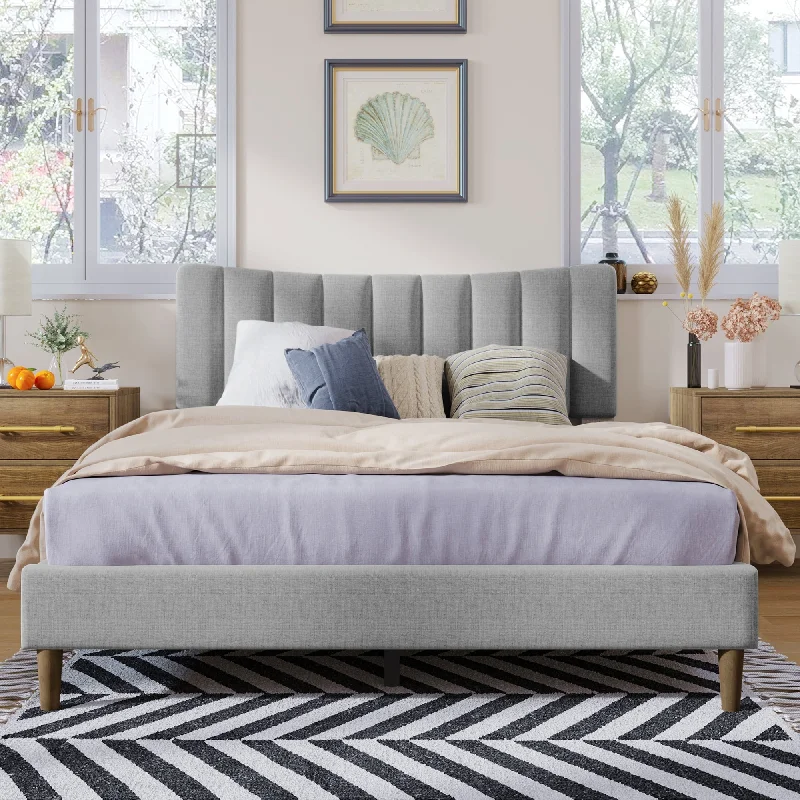 Upholstered Platform Bed Frame with Vertical Channel Tufted Headboard, No Box Spring Needed