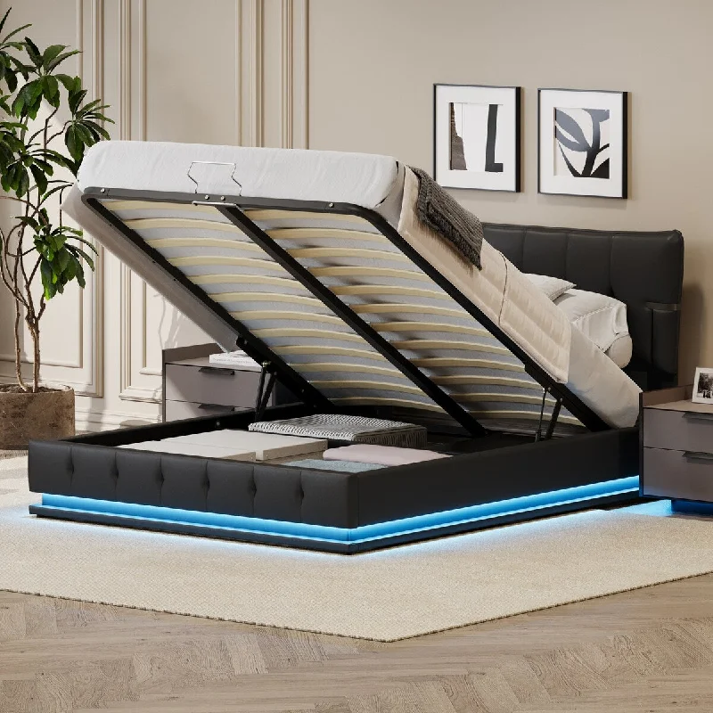 Upholstered Queen Size Hydraulic Storage Bed with RGB LED Light - Black PU Leather