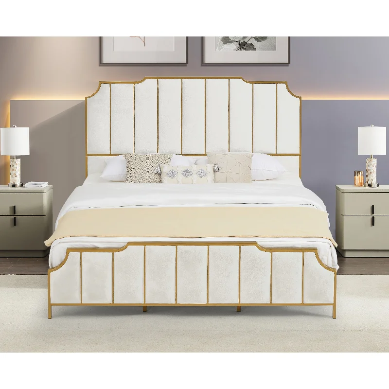 Velvet White King Size Bed with High headboard