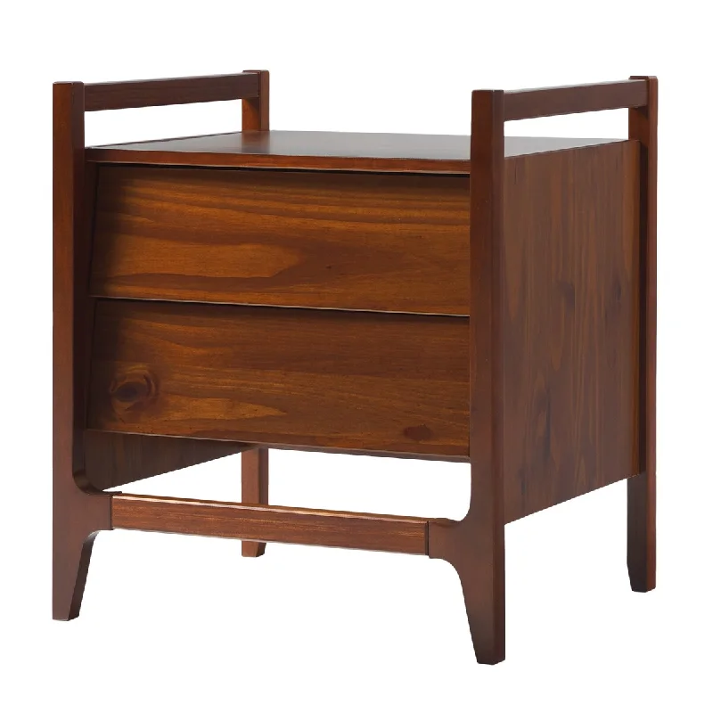 Walnut Pine Two-Drawer Bedside Table with Modern Minimalist Design