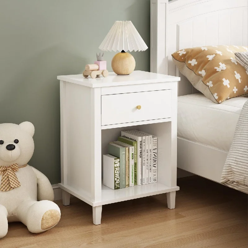 White 26.77''H Wooden Bedside Table with a Drawer and Shelf for Bedroom