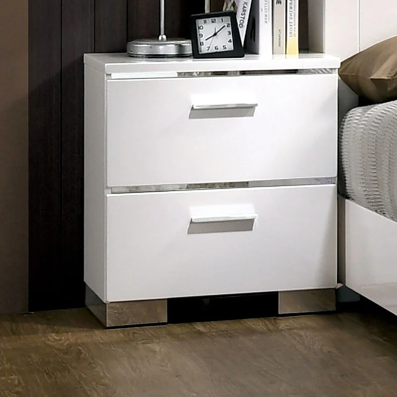 White Solid Wood Nightstand with USB Charger and Chrome Handles for Bedroom