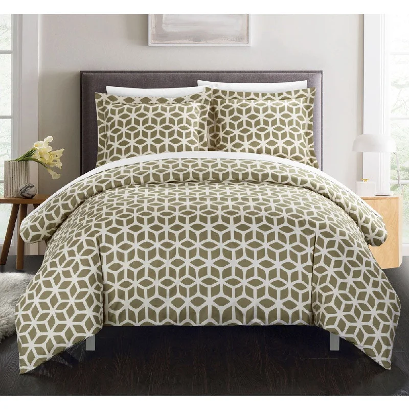 Chic Home Lovey 9 Piece Taupe Geometric Reversible Duvet Cover Set and Sheet Set