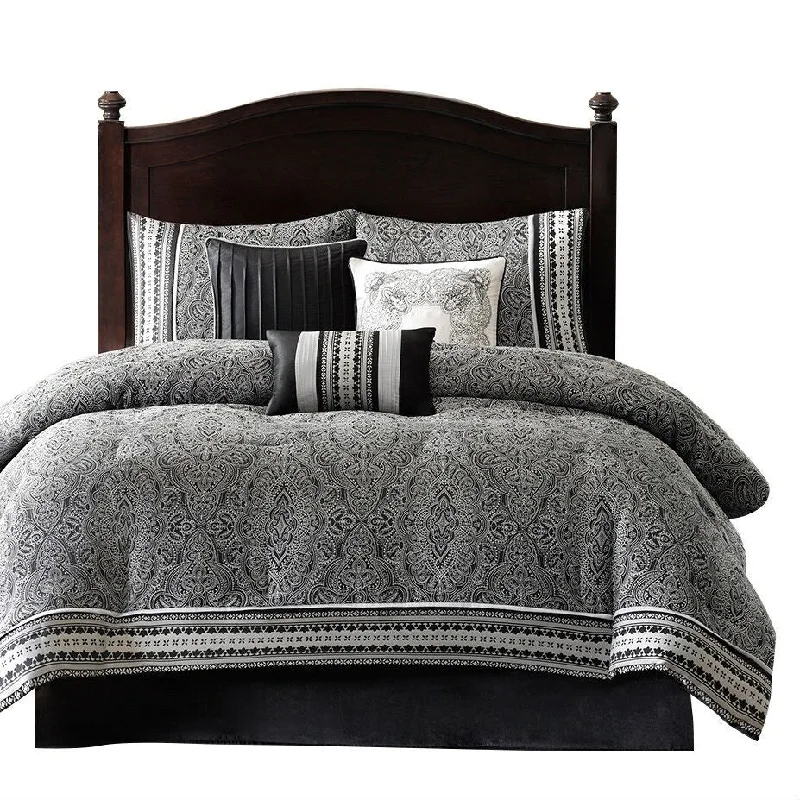 Daily Boutik King size 7-Piece Comforter Set with Damask Pattern in Black White Gray