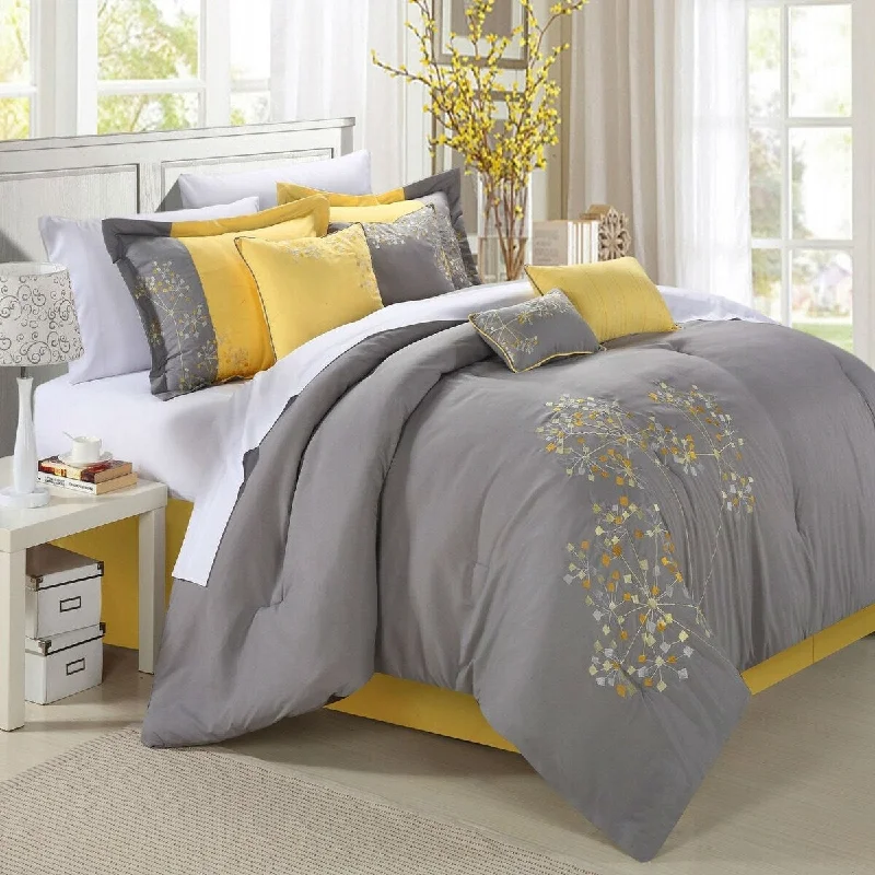 Daily Boutik King size 8-Piece Modern Yellow Grey Floral Comforter Set