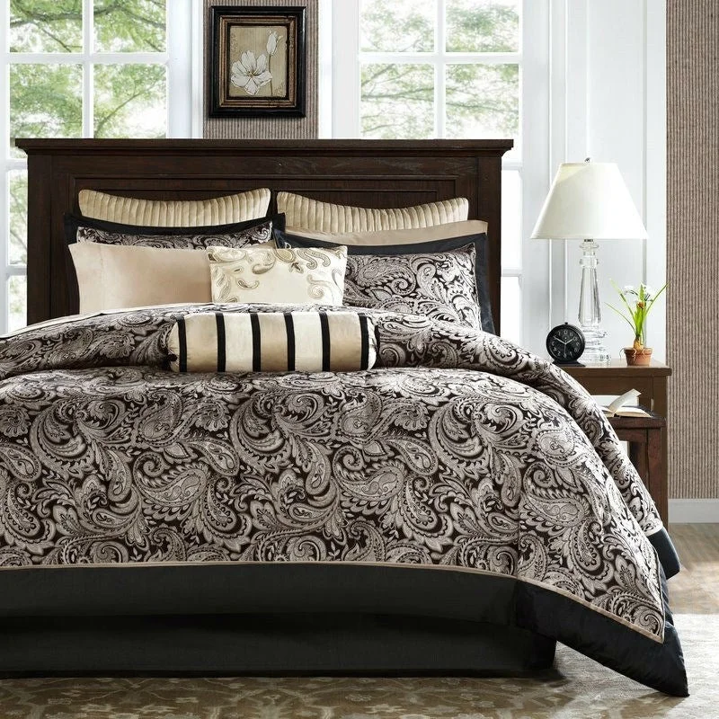 Daily Boutik Queen size Cotton 12-Piece Reversible Paisley Comforter Set in Black Gold