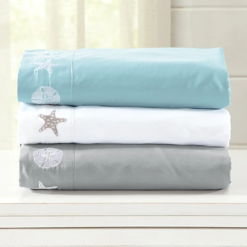 Great Bay Home Double Seascapes Collection Double Brushed Microfiber Coastal Embroidered Sheet Set