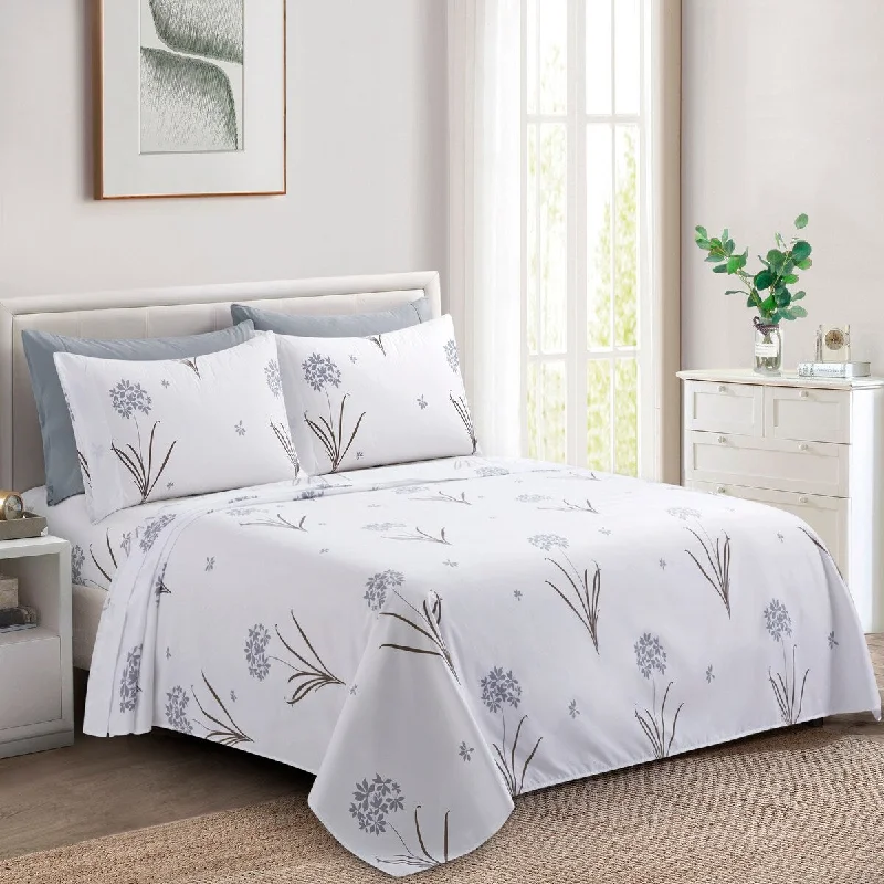 Marina Decoration Soft Silky Deep Pocket Rich Printed Rayon from Bamboo All Season Sheet Set, Grey Hydrangea Floral