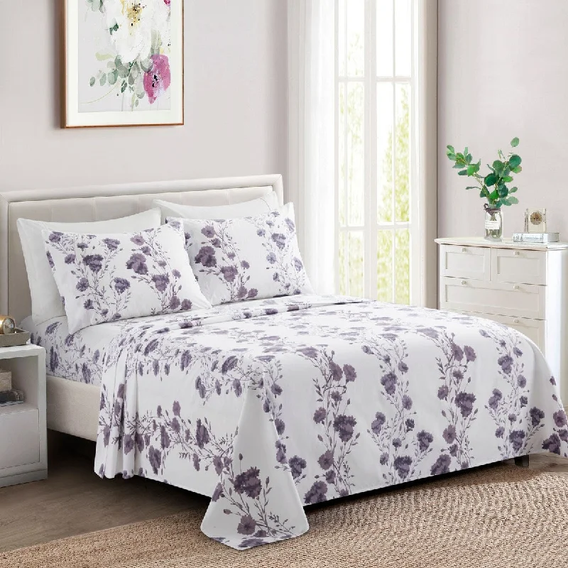 Marina Decoration Soft Silky Deep Pocket Rich Printed Rayon from Bamboo All Season Sheet Set, Purple Carnation Floral