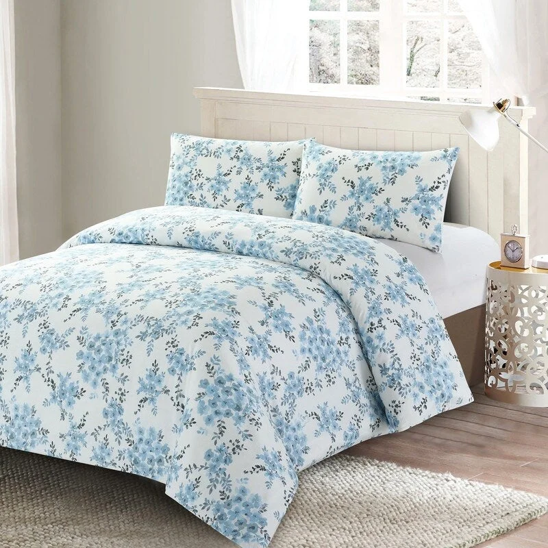 Savanah Floral 3pc Duvet Cover Set - Blue Watercolor-100% Cotton -Machine Washable - 1 Duvet Cover + 2 Shams - Queen