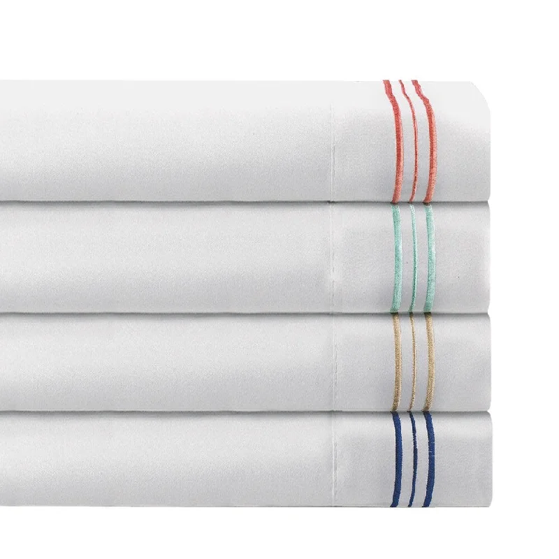 Ultra Soft 1800 Series White Sheet Set with 3 Line Embroidered Stripe Accent